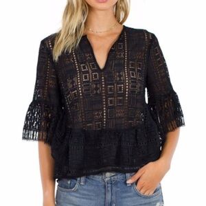 BCBGMAXAZRIA BLACK IMMANE RUFFLED LACE TOP VNECK AZTEC